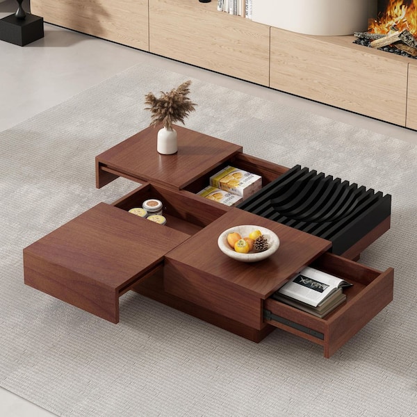 Harper & Bright Designs Retro 35 in. Brown and Black Square Acacia Wood Coffee Table with Storage