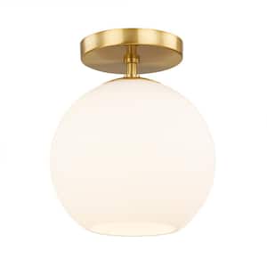 Vista Heights 8 in. 1-Light Aged Brass Semi-Flush Mount with Opal White Glass Globe
