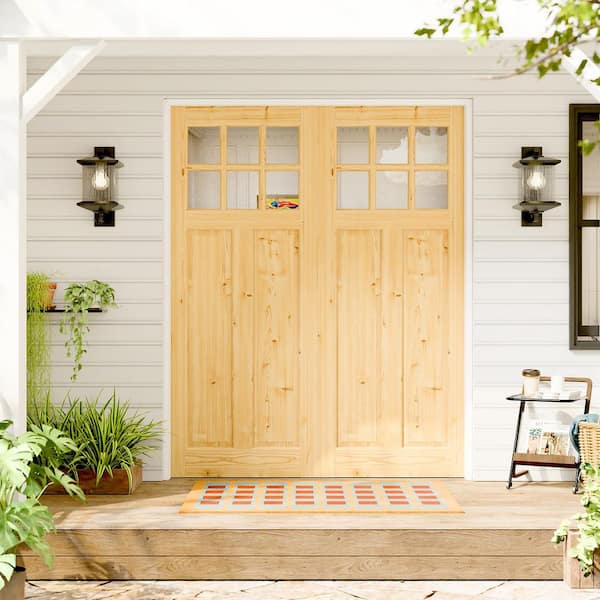 64 in. x 80 in. 6-Lite Clear Glass Pine Wood Prehung Double Front Exterior Door with Quick Assemble Jamb and Flush bolts