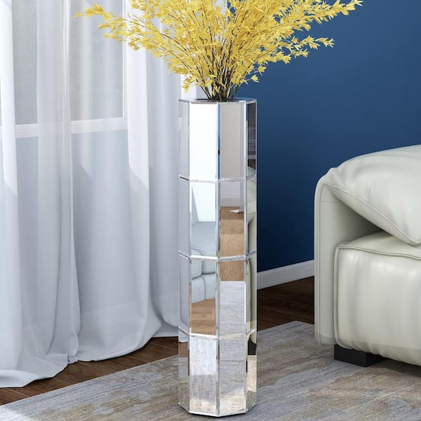 THKSHOUZ 28 in. Silver Glass Cylinder Decorative Vase Floor Vase Mirrored Tall Vase for Living Room Decor