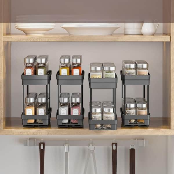 2-Pack Slide Out Spice Racks Organizer with Each 2-Tiers in Black, with Each Tier Can Hold 10 Spice Jars