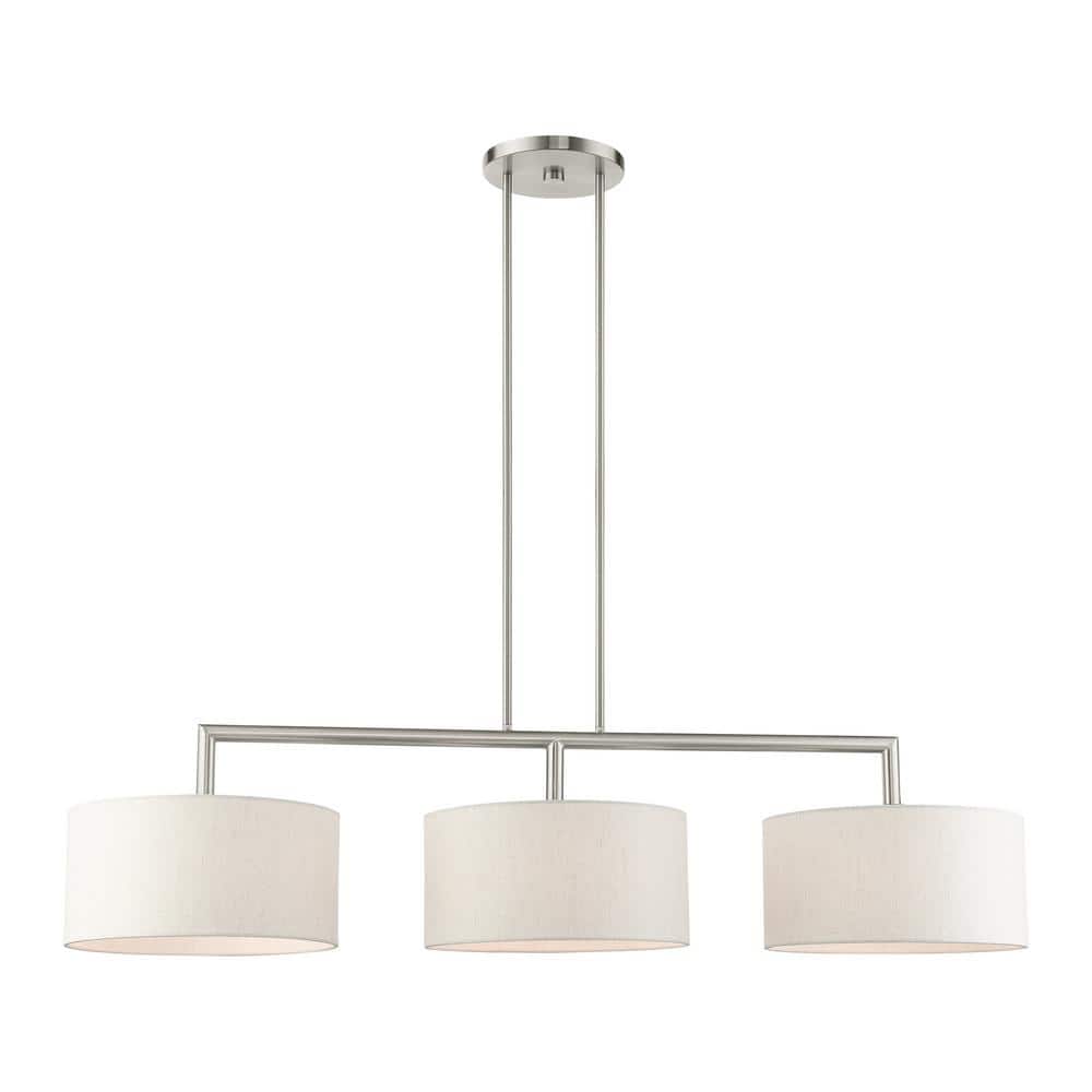 Meridian Brushed Nickel 3-Light Linear Chandelier with Oatmeal Shades
