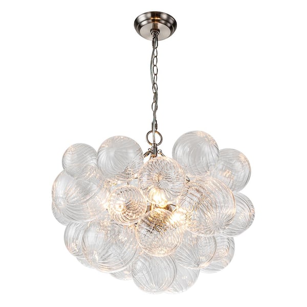 HUOKU Neuvy 24 in.W 3-Light Nickel Bubble, Crystal Cluster, Globe Chandelier with Swirled Glass Shades for Dining Room