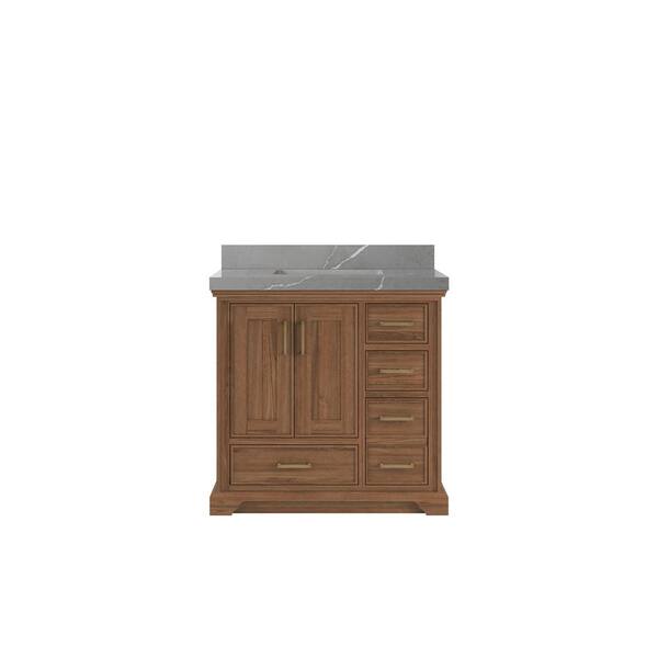 Willow Collections Charlotte Teak 36 in. W x 22 in. D x 36 in. H Center Sink Bath Vanity in Dark Natural with 2 in. Piatra Quartz Top