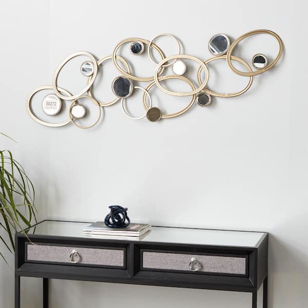 Litton Lane 52 in. x 16 in. Metal Gold Geometric Wall Decor with Round Mirrored Accents