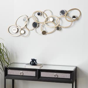 52 in. x  16 in. Metal Gold Geometric Wall Decor with Round Mirrored Accents