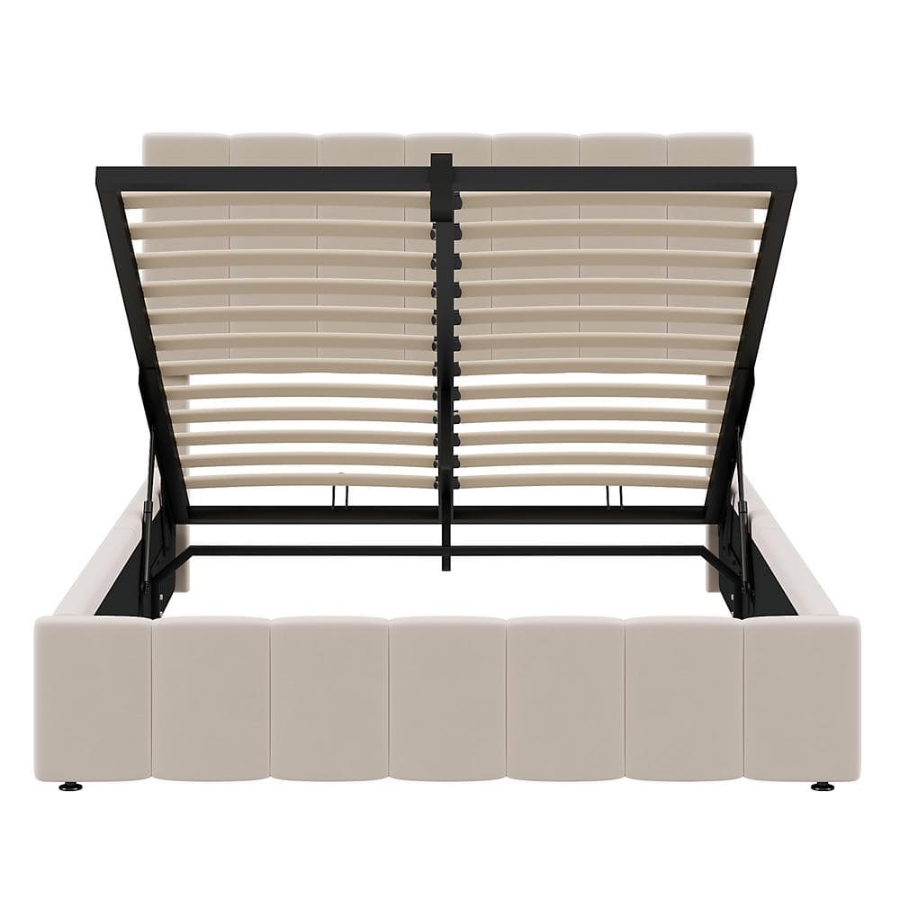 Beige Full Size Upholstered Platform Bed with Hydraulic Storage