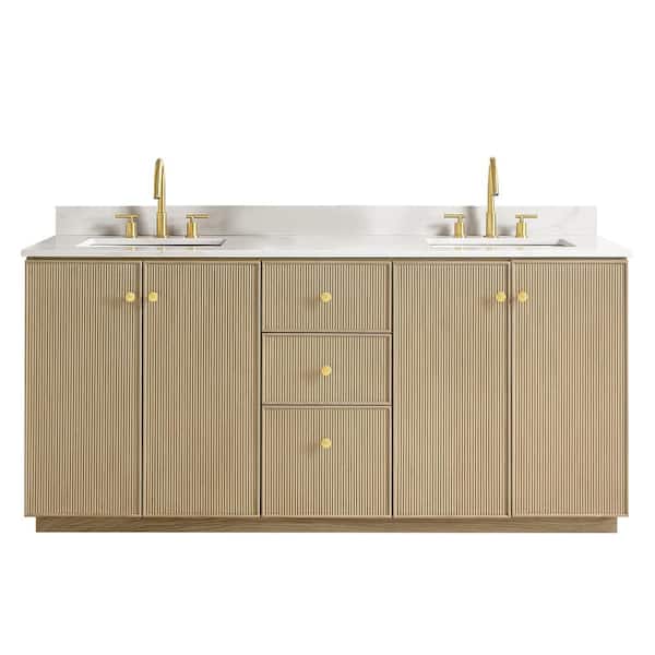 Oza 72 in. W x 22 in. D x 33.9 in. H Double Sink Bath Vanity in Natural Oak with White Quartz Stone Top