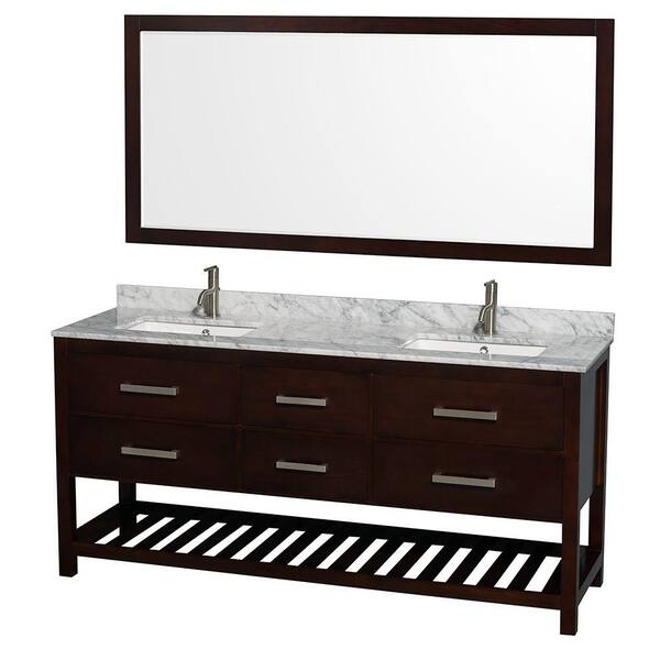 Wyndham Collection Natalie 72 in. Double Vanity in Espresso with Marble Vanity Top in White Carrara, Under-Mount Sinks and 70 in. Mirror