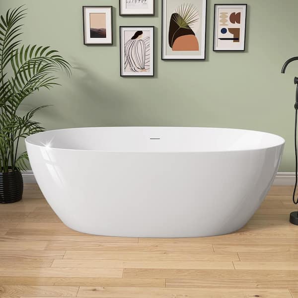NTQ 67 in. x 32.3 in. Soaking Bathtub Acrylic Deep Free Standing Tubs Oval Freestanding Flatbottom Stand Alone Tub in White