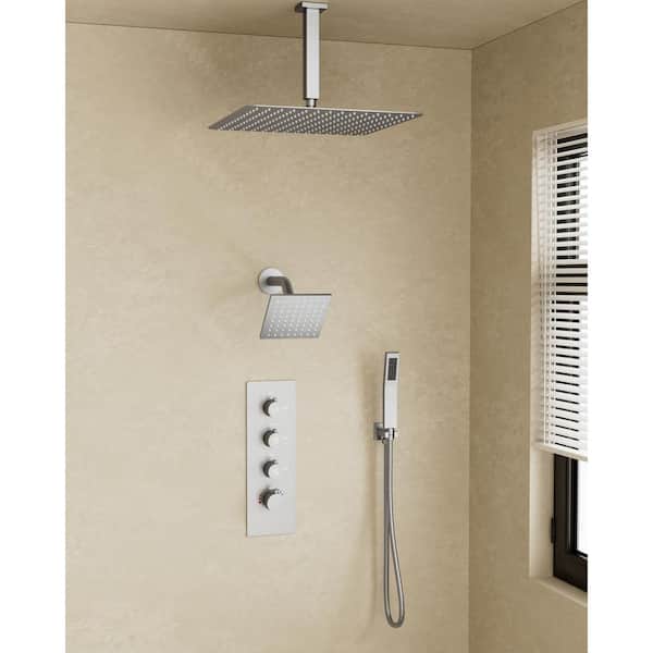YAWWALK Thermostatic Valve 7-Spray 16 in. and 6 in. Dual Ceiling Mount Shower Head and Handheld Shower in Brushed Nickel