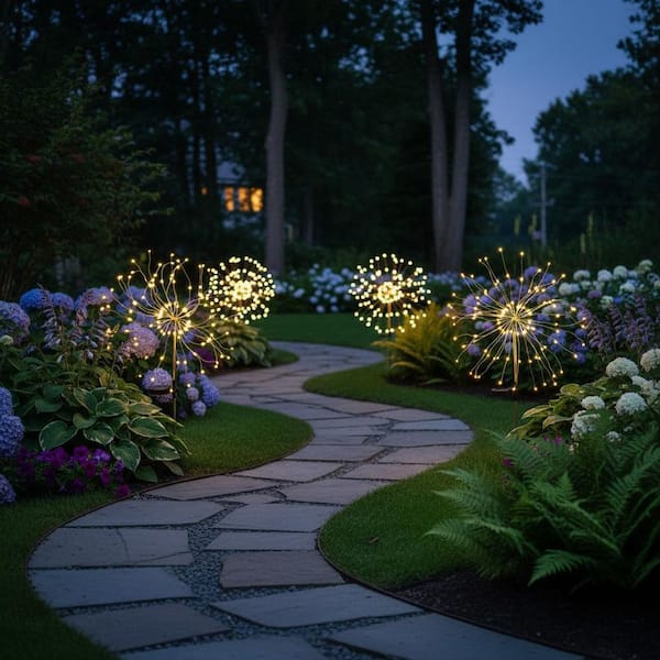 Solar Garden Decorative White Firework Path Lights - 120 LED, Waterproof Outdoor String Path Lights (2-Pack)