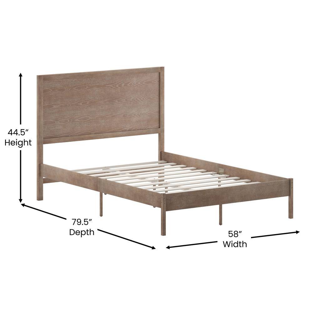 Amara brown wood frame full platform bed with dimension overlays: 44.5" Height, 79.5" Depth, and 58" Width.