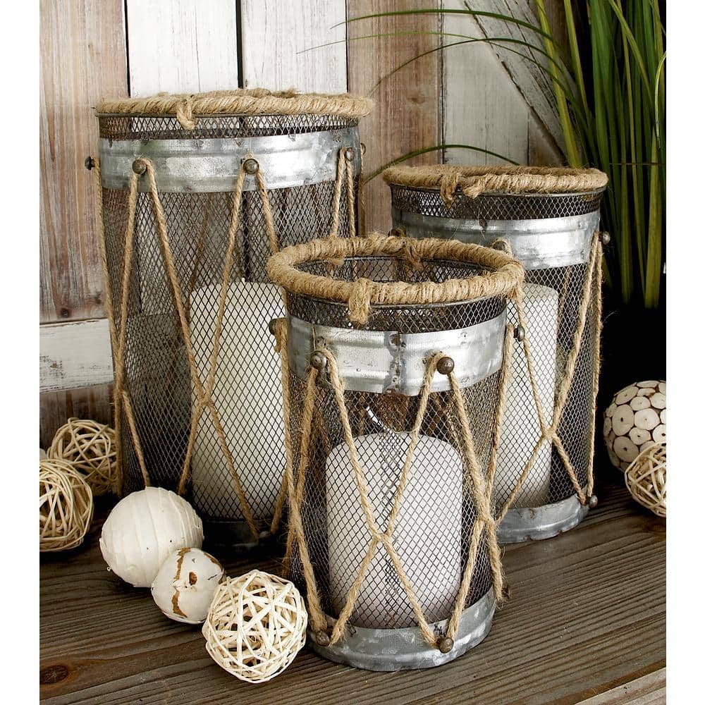 Elegant Silver Metal Hanging Hurricane Candle Lantern Trio