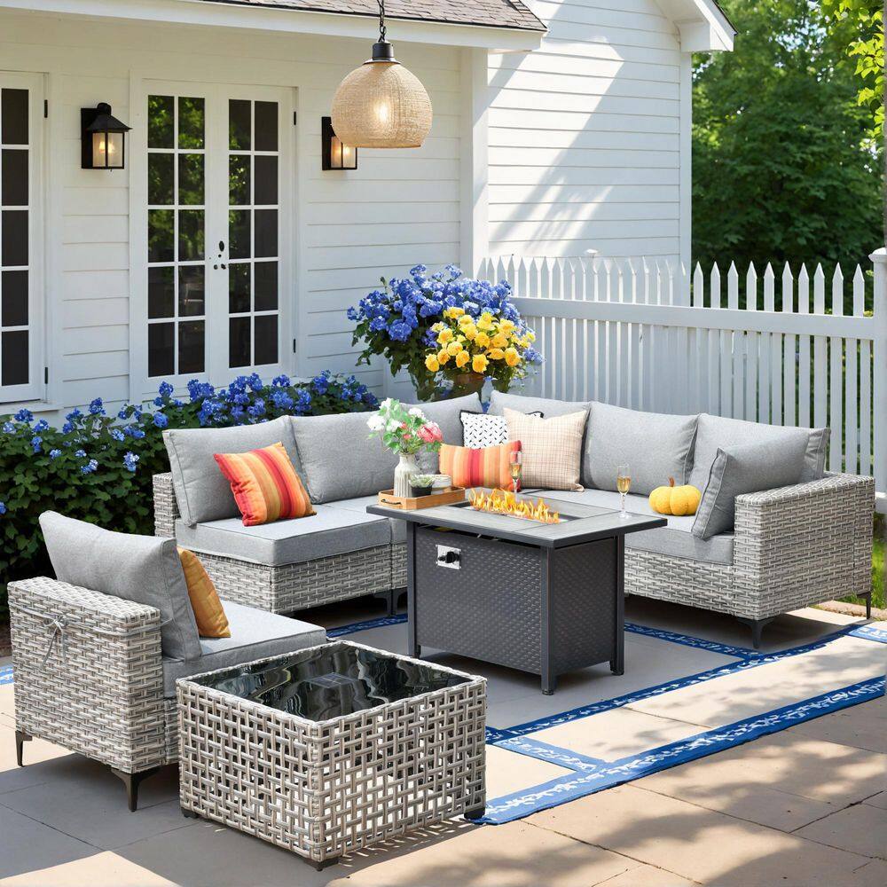 Amity 8 Pieces Wicker Patio Conversation Seating Sofa and Rectangular Fire Pit Set with Dark Gray Cushions price history on PriceWatchPro