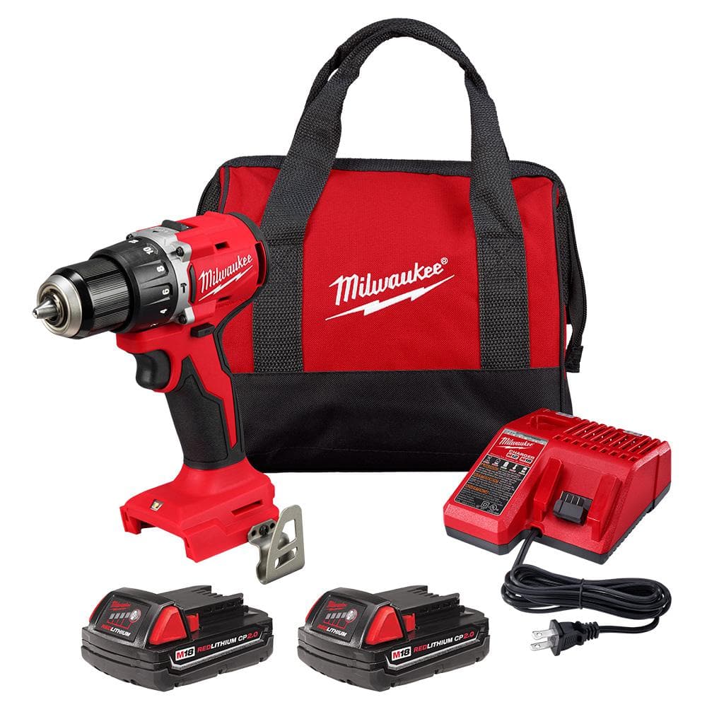 Milwaukee M18 18V Lithium-Ion Brushless Cordless 1/2 in. Compact Hammer Drill/Driver Kit with 2 Batteries, Charger and Case -  3602-22CT
