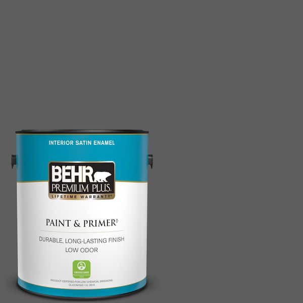 BEHR PREMIUM PLUS 1 gal. #N520-6 Asphalt Gray Satin Enamel Low Odor Interior Paint & Primer
