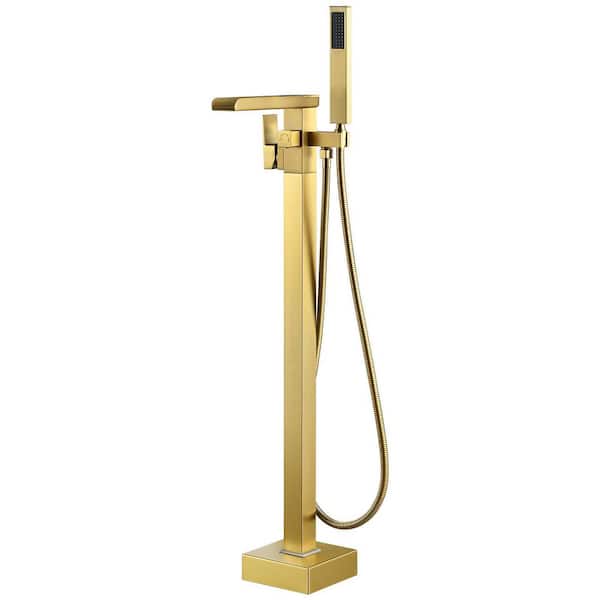 AKLFGN Single-Handle Claw Foot Tub Faucet Freestanding Floor Mount Roman Tub Faucet with Hand Shower in Gold