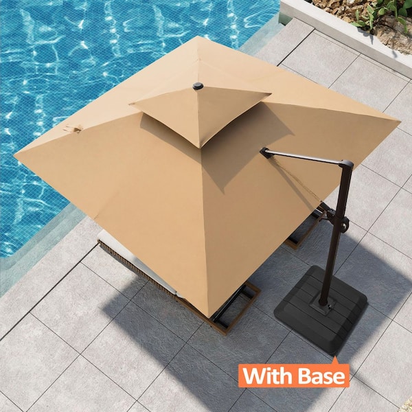 11.5 ft. Square Aluminum Double Top 360° Rotation Outdoor Cantilever Patio Umbrella in Tan with 240 lbs. Base