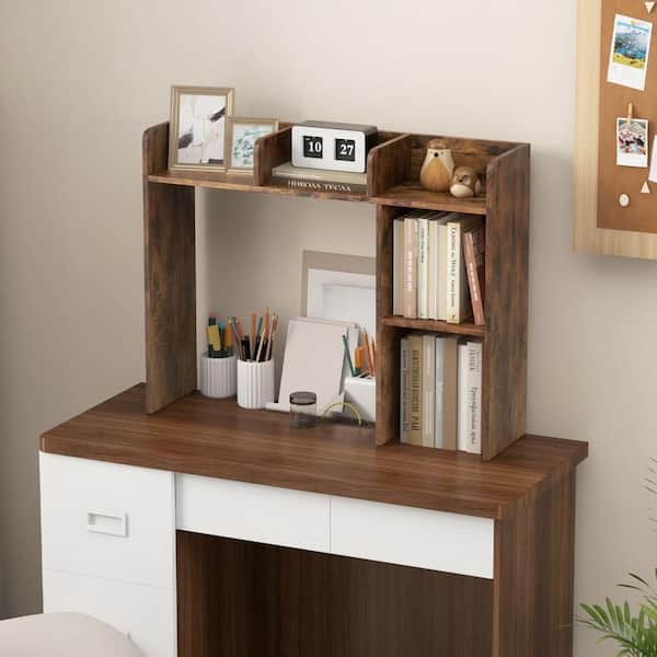 Costway 29 in. Tall Brown Wood Composite 3-Shelf Desk Bookcase with Storage Organizer Multiple Bookcases
