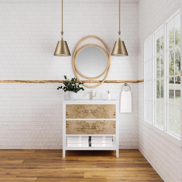 James Martin Vanities Olena 36.0 in. W x 23.5 in. D x 36 in. H Single Bath Vanity Polished White & Light Mappa Burl & White Zeus Quartz Top