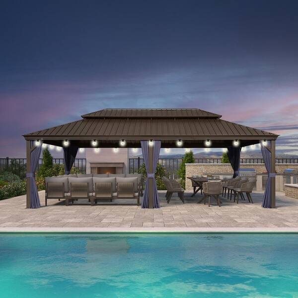 PURPLE LEAF 14 ft. x 24 ft. Bronze Patio Outdoor Gazebo Backyard Hardtop Aluminum Frame with Hooks Netting Blue Curtain 24 Lights