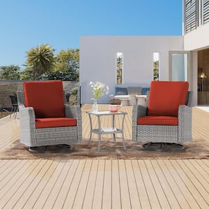 3-Piece Gray Wicker Patio Swivel Rocking Chairs with Side Table Rust Red Cushion