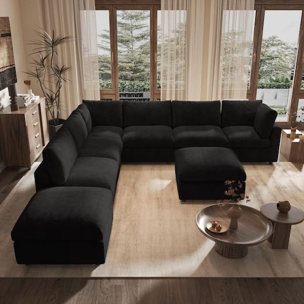 134 in. Square Arm 8-piece Chenille Modular Free Combination Sectional Sofa with Ottomans, Removable Covers in Black