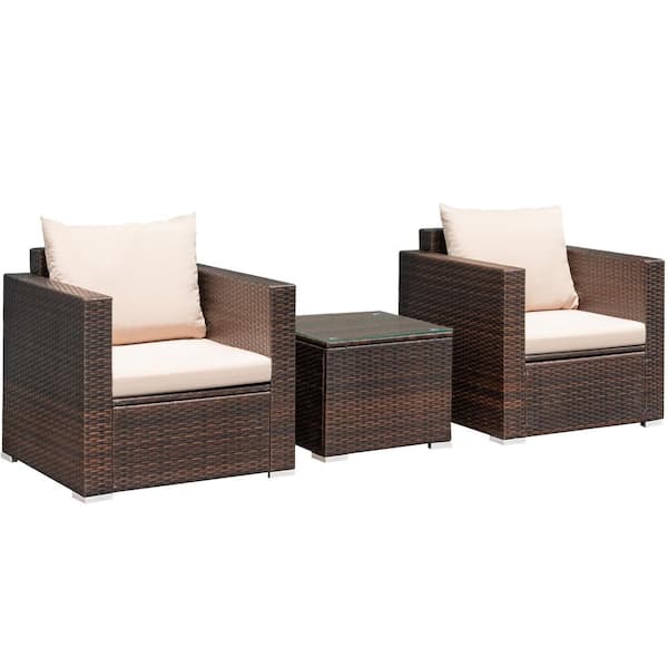 Brown 3-Piece Wicker Patio Conversation Set with Beige Cushions and Coffee Table
