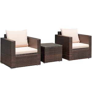 Brown 3-Piece Wicker Patio Conversation Set with Beige Cushions and Coffee Table