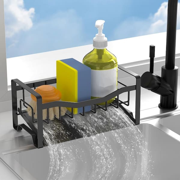 Stainless Steel Kitchen Sink Caddy Organizer with Auto Drain Tray, Sponge Holder for Countertop Storage, Black