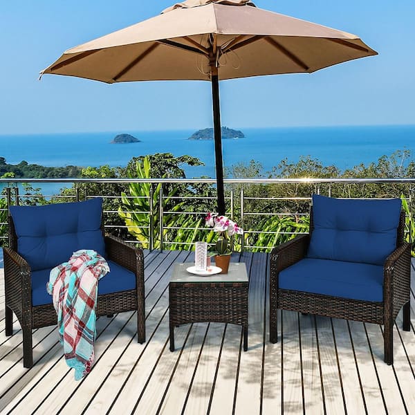 3-Pieces Wicker Patio Conversation Set Patio Garden Cushioned Sofa Chair with Navy Cushions