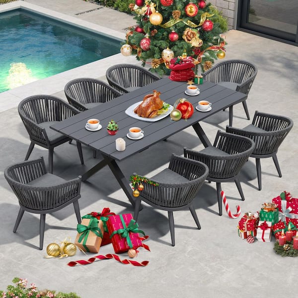 9-Piece Aluminum All-Weather PE Rattan Rectangular Outdoor Dining Set with Cushion, Grey