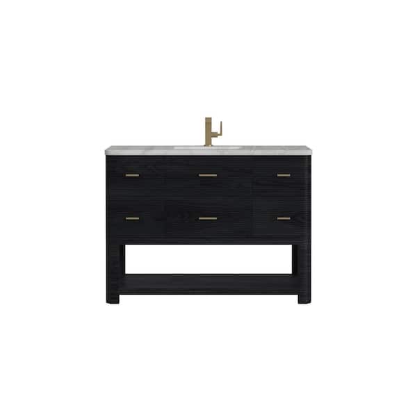 James Martin Vanities Lucian 48.0 in. W x 21.5 in. D x 36 in. H Single Bathroom Vanity Carbon Oak and Victorian Silver Quartz Top