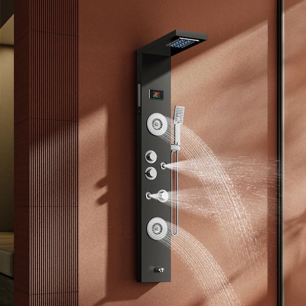 55 in. 6-Jet Rainfall Waterfall Shower Panel System with LED Adjustable Shower Head and Mist Massage Head in Matte Black