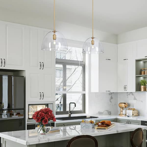 Modern 13.7 in. 1-Light Dark Gold Island Pendant Light with Dome Clear Glass Shade, Foyer, Dining Area Hanging Light