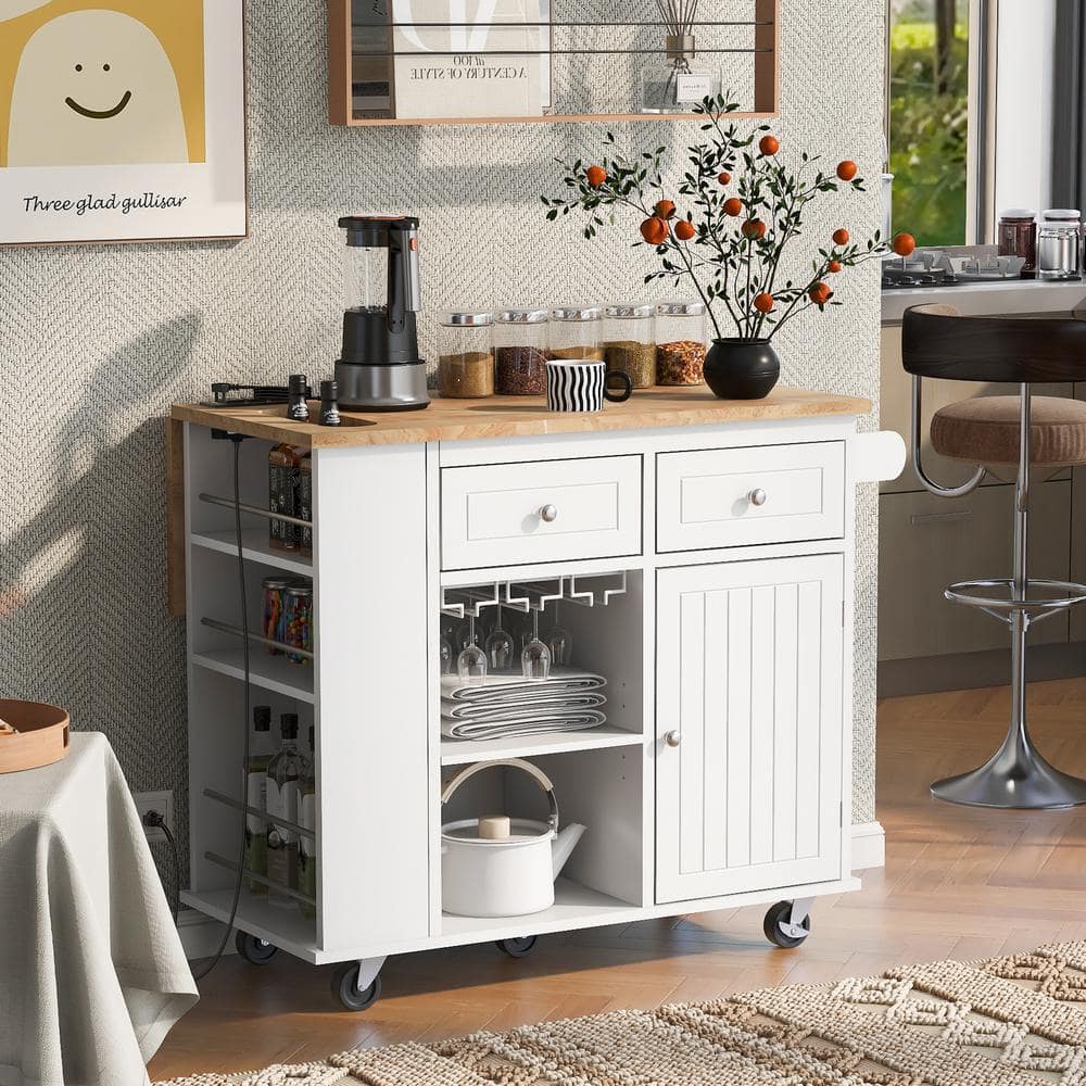 Harper & Bright Designs White Kitchen Cart with Power Outlet, Drop-Leaf Tabletop, Open Side Storage, Wine Glass Holder and 5-Wheels