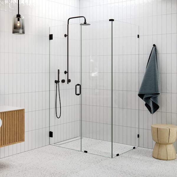 46 in. W x 32 in. D x 78 in. H Pivot Frameless Corner Shower Enclosure in Oil Rubbed Bronze Finish with Clear Glass