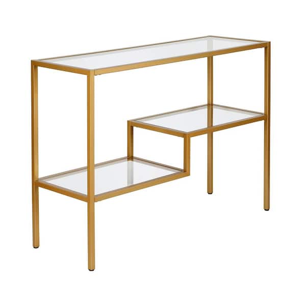 Lovett 42 in. Brass Standard Rectangle Glass Console Table with Shelves