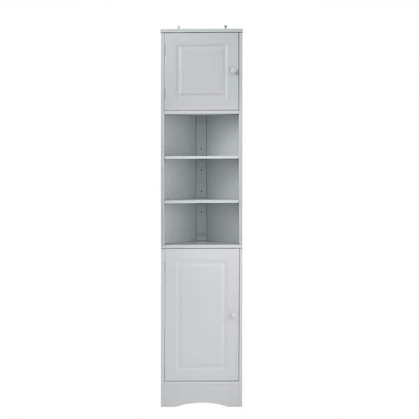PARASOLAR 15 in. W x 9 in. D x 67 in. H Gray Freestanding Linen Cabinet with 2-Doors and Adjustable Shelves, Open Shelf
