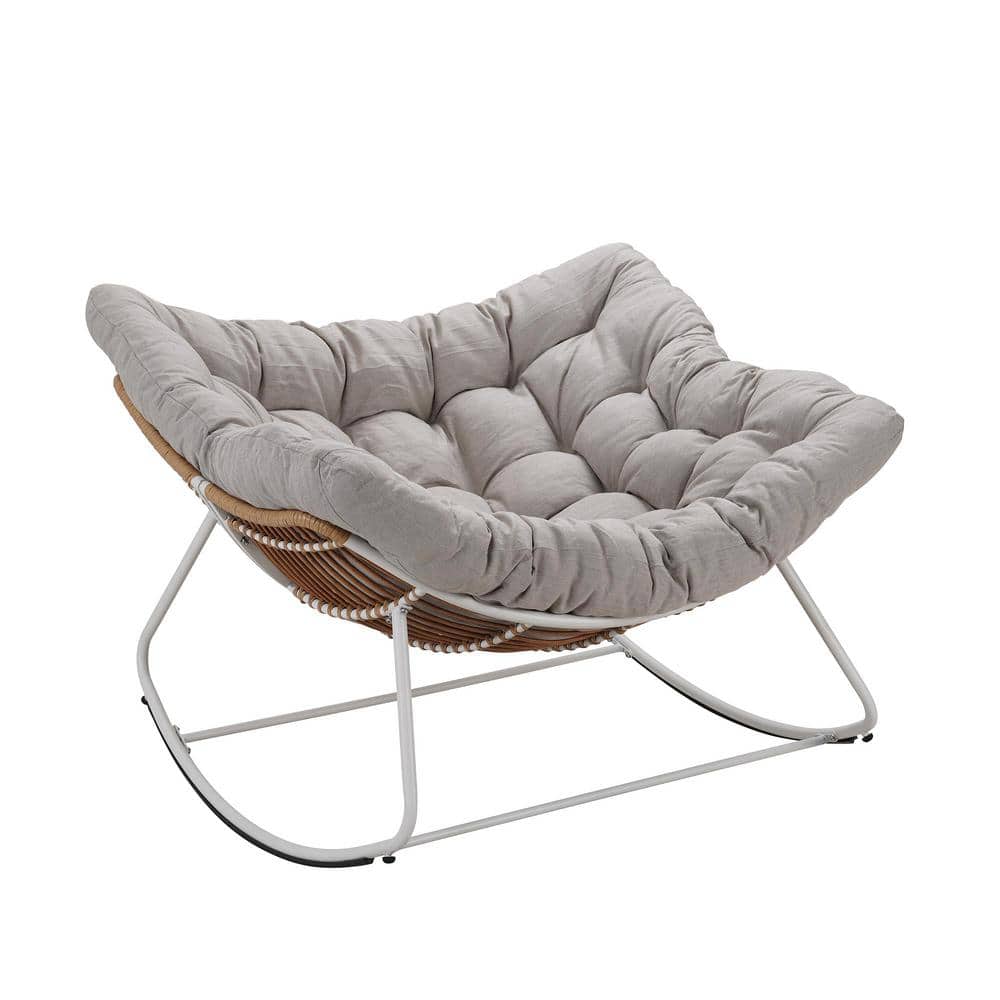 Anandaraja White Wicker Metal Outdoor Rocking Chair with Light Grey Cushion