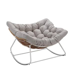 Anandaraja White Wicker Metal Outdoor Rocking Chair with Light Grey Cushions