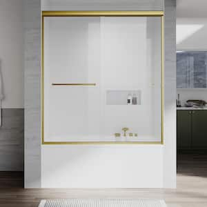 UKD12 56 to 60 in. W x 60 in. H Double Sliding Semi-Frameless Bathtub Door in Satin Brass with EnduroShield Clear Glass