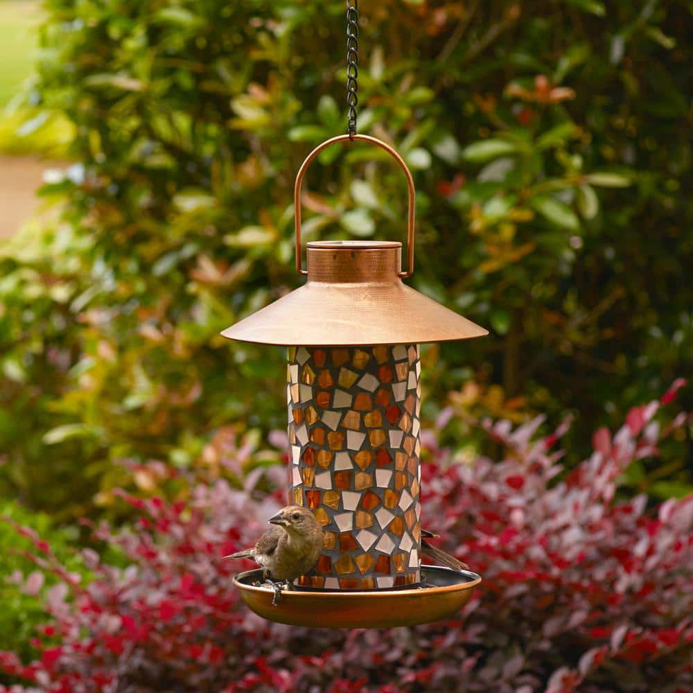 Adelie Mosaic Glass and Copper Hanging Solar Bird Feeder