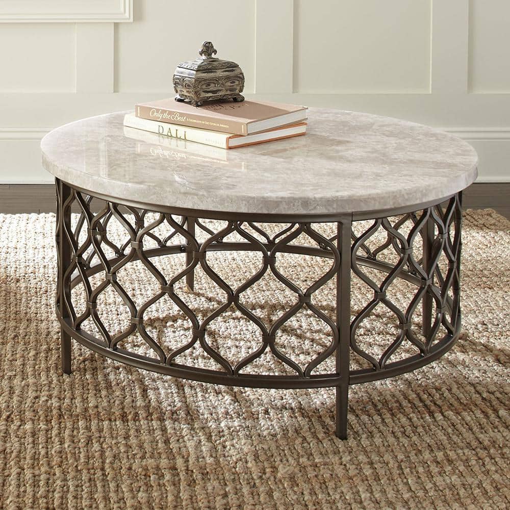 Roland Round White Stone Top Coffee Table with Bronze Metal Base