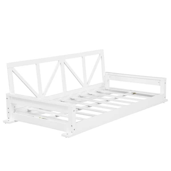 Twin Size Swing Bed 2-Person White Acacia Wood Porch Swing Hanging Bed Frame with Ropes and Safe Sloped Design