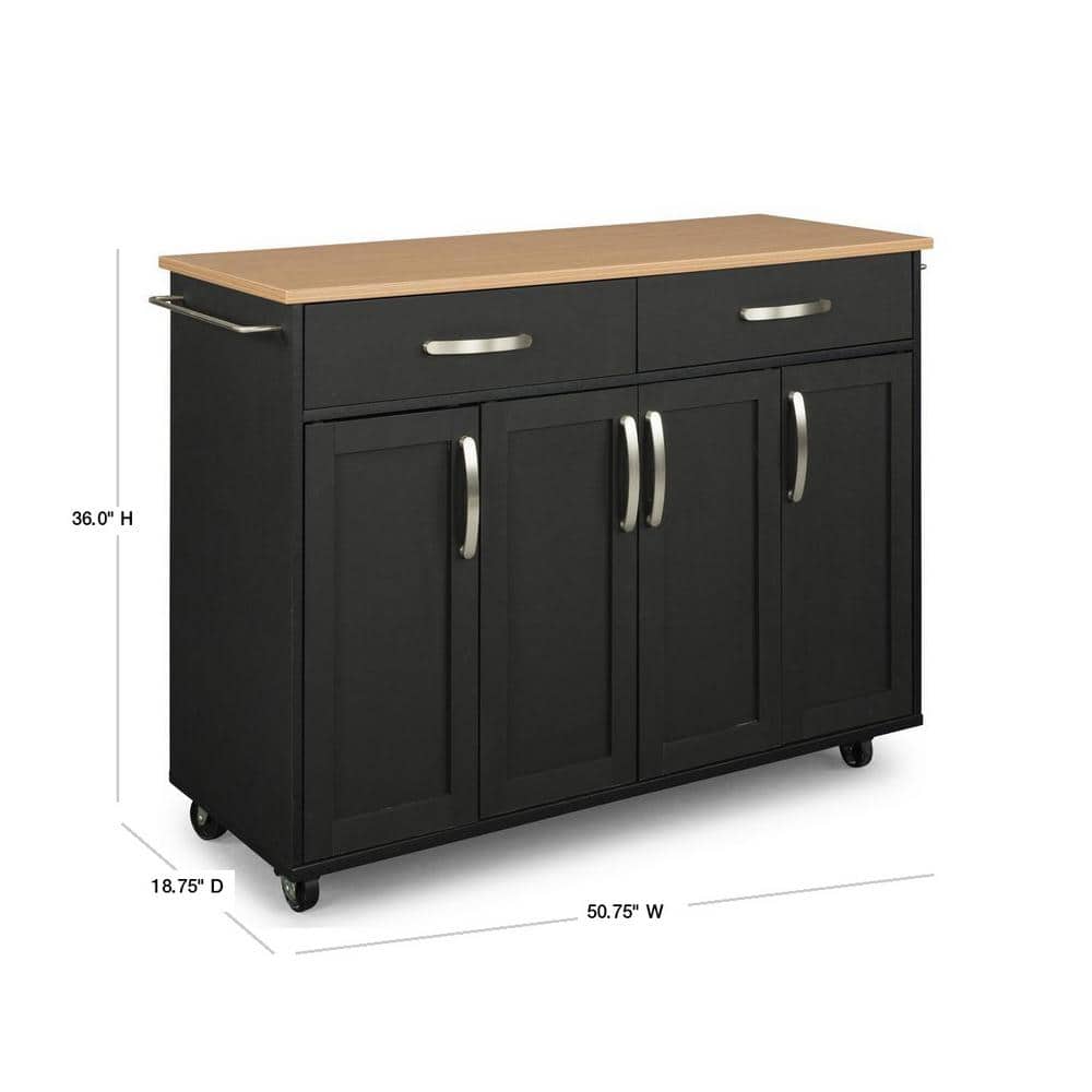 Black Wood Kitchen Cart with Natural Laminate Top and Storage
