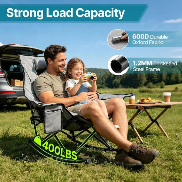 Oversized Camping Rocking Chair 400 lbs Folding Padded Rocker Chair with Cup Holder for Outdoor Use