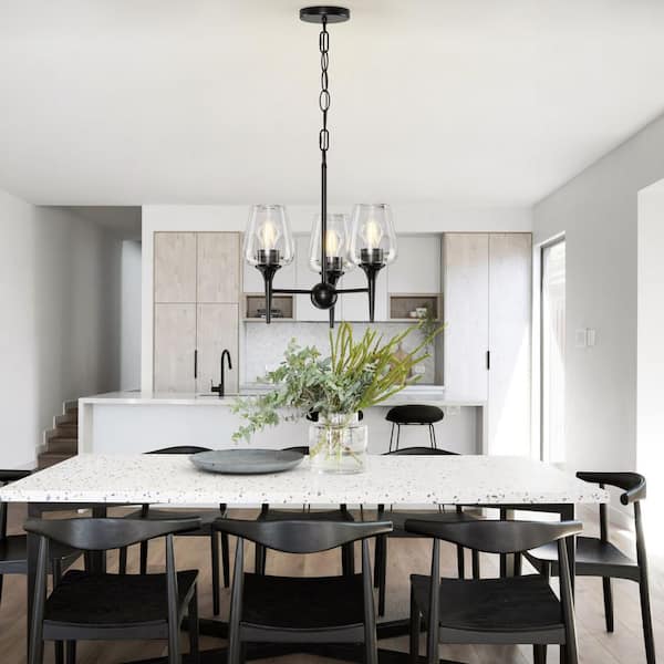16 in. W, 3-Light Black Chandelier Adjustable Height Fixture for Island Dining Room, E26, No Bulbs Included