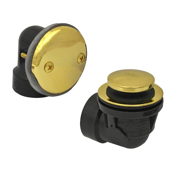 JONES STEPHENS Toe Touch Black Plastic Tubular 2-Hole Bath Waste and Overflow Tub Drain Half Kit in Polished Brass